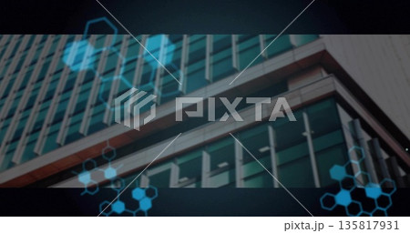Showcasing modern office facade at downtown with glass windows metal beams blue hexagon overlays 135817931
