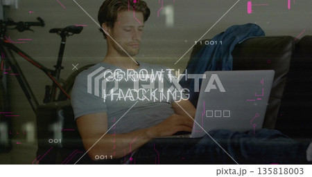 Typing man in modern living room, with laptop, bike, denim jacket and growth hacking overlay 135818003