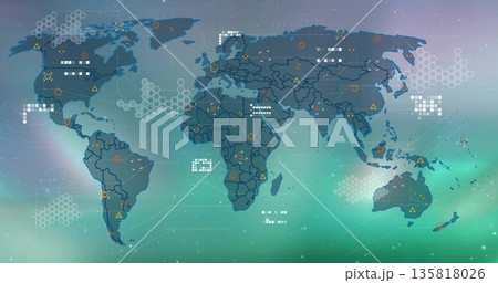 Displaying world map showing hexagonal grid clusters, data icons, dotted lines at virtual interface Displaying world map showing hexagonal grid clusters, data icons, dotted lines at virtual interface 135818026
