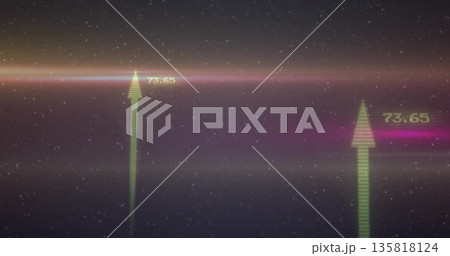 Displaying two neon green upward arrows rising over star field, with colorful streaks, labels 73 135818124