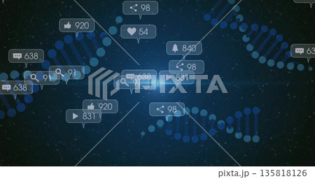 Floating social media icons drifting in virtual space, with numerical badges and DNA helix patterns Floating social media icons drifting in virtual space, with numerical badges and DNA helix patterns 135818126