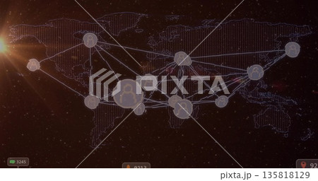 Connecting large circular node linking user-icon nodes over dotted map with lens flare, copy space 135818129