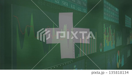Displaying semi-transparent Swiss cross overlaying analytics dashboard, with charts, numeric ticker 135818134