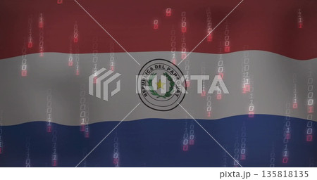 Displaying Paraguayan flag with coat of arms emblem across digital graphic, streaming binary code 135818135