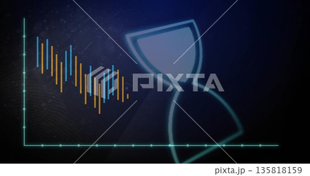 Glowing neon-blue hourglass floating on digital interface, with orange-blue bars, axes, copy space 135818159