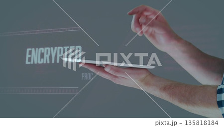 Hovering forearms tapping floating tablet in gray studio, showing ENCRYPTED label with faint lines Hovering forearms tapping floating tablet in gray studio, showing ENCRYPTED label with faint lines 135818184