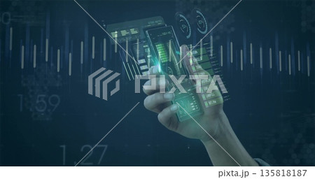 Gripping smartphone projecting translucent holographic panels in AR workspace, data visualization Gripping smartphone projecting translucent holographic panels in AR workspace, data visualization 135818187