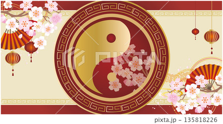 中華風フレーム飾り　春の桜セット 135818226