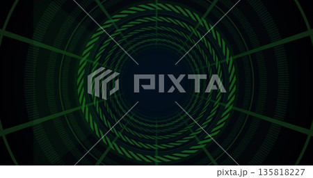 Looping green circular tunnel pattern forming infinite perspective in virtual environment, depth 135818227