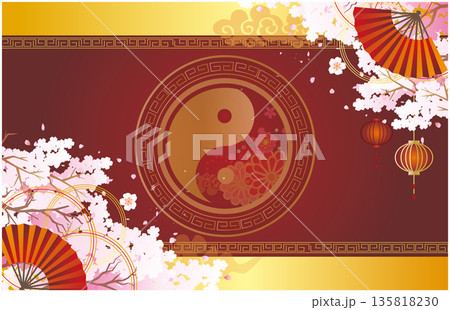 中華風フレーム飾り　春の桜セット 135818230