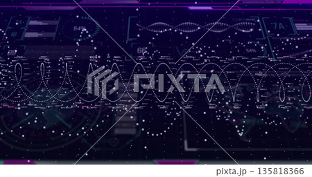 Displaying central dotted waveform on holographic dashboard, with gauge, bar charts, numeric labels 135818366
