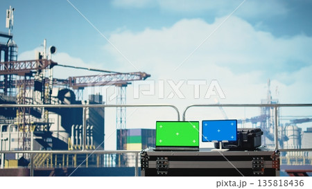 Chroma key laptop and mockup laptop on offshore platform used to configure boat management systems for more efficient oil extraction. Isolated screen devices on drilling rig used for seabed analysis Chroma key laptop and mockup laptop on offshore platform used to configure boat management systems for more efficient oil extraction. Isolated screen devices on drilling rig used for seabed analysis 135818436