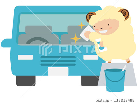 窓を拭いて車の洗車をする羊のイラスト素材 135818499