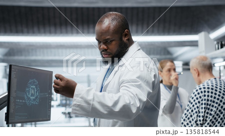 Black medic using artificial intelligence to observe effect during new drug test, collecting pharmacology data with neural networks system. Biomedicine discovery and innovation. Camera B. Black medic using artificial intelligence to observe effect during new drug test, collecting pharmacology data with neural networks system. Biomedicine discovery and innovation. Camera B. 135818544