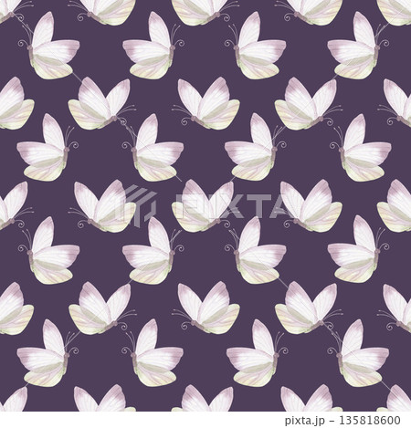 Seamless pattern of butterflies on a dark violet background. Handmade watercolor illustration. For packaging design, cards, cover, wallpaper, prints, product labels and fabric. 135818600