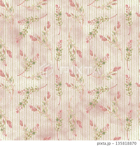 Tropical greenery pink flower seamless watercolor pattern over green stripe textured background. Gentle exotic branches hand drawn for fabric and bedding textile design. Pastel foliage print. 135818870