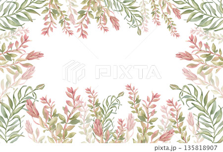 Watercolor border of green tropical branches and pink leaves isolated on white. Exotic foliage frame neutral colors for greeting card design. Neutral botanical drawing palm fronds for packaging. 135818907