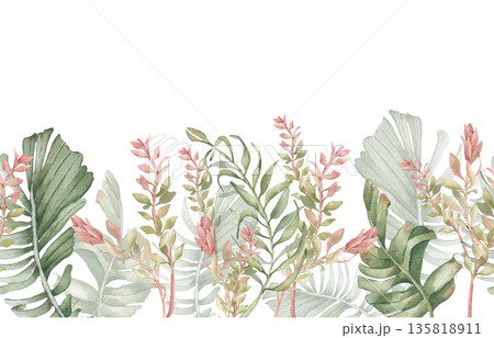 Watercolor seamless border with palm plants and pink foliage isolated on white. Horizontal line of leaves for card design or fabric print. Tropical greenery repeat hand drawn. Gentle botany banner. 135818911