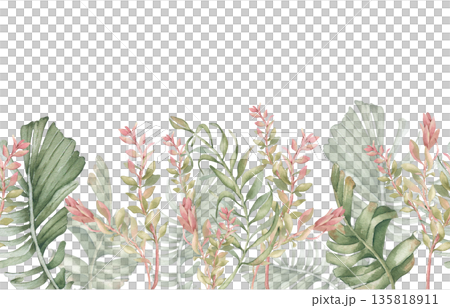 Watercolor seamless border with palm plants and pink foliage isolated on white. Horizontal line of leaves for card design or fabric print. Tropical greenery repeat hand drawn. Gentle botany banner. 135818911