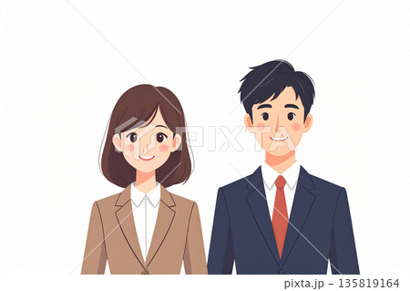日本人ビジネスマンとビジネスウーマンの説明イラスト｜フラットデザイン・Web向け, AI生成画像 135819164