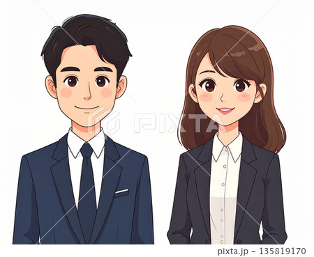 日本人ビジネスマンとビジネスウーマンの説明イラスト｜フラットデザイン・Web向け, AI生成画像 135819170