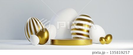 Round golden stage and Easter eggs on white Round golden stage and Easter eggs on white 135819257
