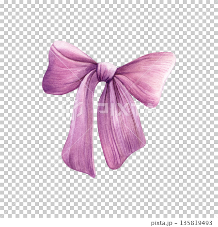 Watercolor illustration of a purple ribbon bow in soft hand-painted style, ideal for invitations, gift tags, packaging, branding, stickers and decor 135819493
