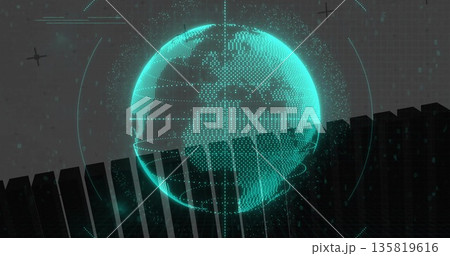 Displaying teal dotted mesh globe hovering in virtual data space, with UI arcs and black bars 135819616