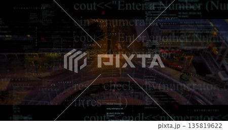 Floating C++ code snippets overlaying nighttime highway ramps, with light trails and city lights Floating C++ code snippets overlaying nighttime highway ramps, with light trails and city lights 135819622