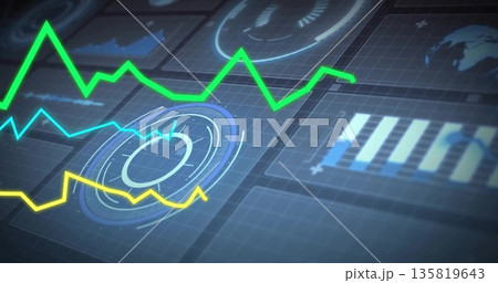 Displaying dashboard in control interface, with three neon line graphs, circular gauges, bar chart Displaying dashboard in control interface, with three neon line graphs, circular gauges, bar chart 135819643