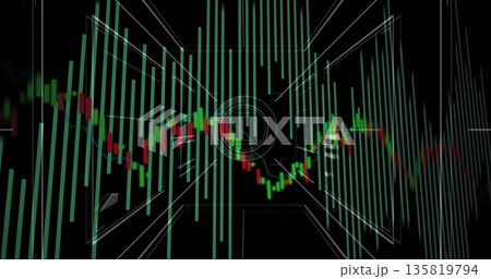 Displaying candlestick chart with histogram bars scrolling over grid on dashboard, with HUD reticle 135819794