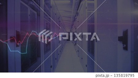 Leading central aisle running data center corridor, with server racks, LEDs and line graph overlay 135819795