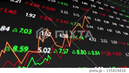 Market chart displaying colored trends on trading monitor with numeric values and arrows Market chart displaying colored trends on trading monitor with numeric values and arrows 135819816