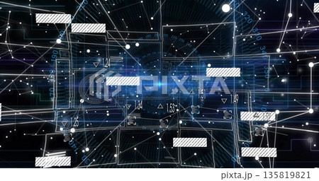 Network interface glowing in digital void, with panels, node points, lines and numeric labels 135819821