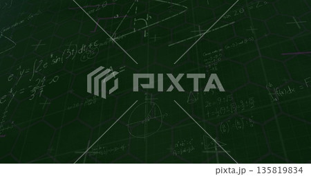 Displaying chalklike formulas and geometric diagrams on green hex grid, trigonometry theme 135819834