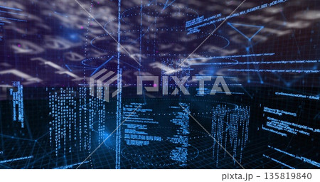 Floating translucent code panels hovering over grid in cyberspace, with numeric streams Floating translucent code panels hovering over grid in cyberspace, with numeric streams 135819840