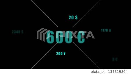 Floating large neon teal 600 euro amount in digital interface, with other currency symbols 135819864