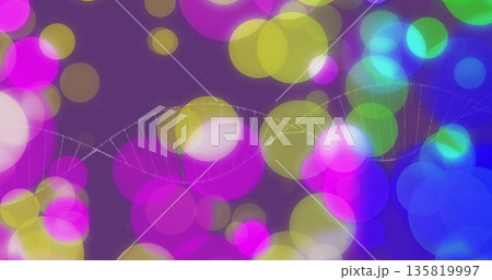 Showing dotted-line DNA helix moving in purple abstract space, featuring multicolored bokeh circles Showing dotted-line DNA helix moving in purple abstract space, featuring multicolored bokeh circles 135819997