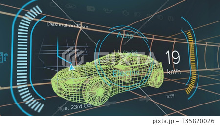 Moving wireframe car model sliding through virtual grid tunnel, with speed indicator and nav arrow 135820026