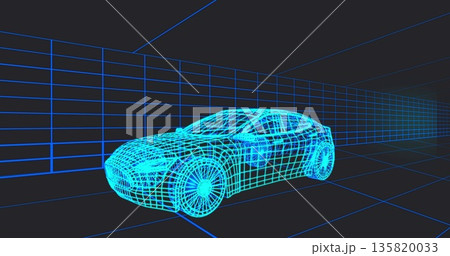 Displaying wireframe 3D sedan model glowing inside virtual grid tunnel, with neon perspective lines 135820033