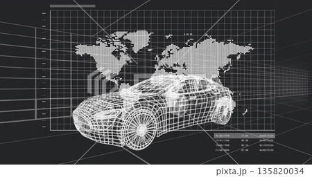 Displaying wireframe sports car in CAD interface, with dotted world map and technical data overlay Displaying wireframe sports car in CAD interface, with dotted world map and technical data overlay 135820034