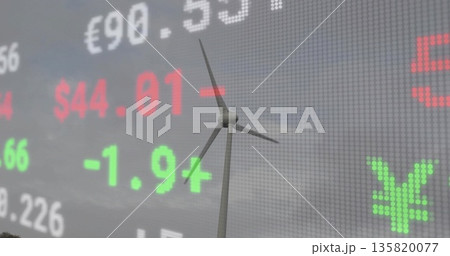 Spinning wind turbine appearing over LED ticker backdrop, with currency symbols, stock prices 135820077