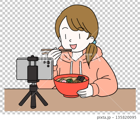 スマホのカメラで動画撮影しながら食事をする女性のイラスト 135820095