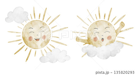 Sun watercolor illustration set with smiling characters, clouds and stars for baby shower greeting cards or childish invitations. Clipart with day and morning sunlight for pastel nursery posters. 135820293