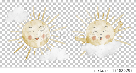 Sun watercolor illustration set with smiling characters, clouds and stars for baby shower greeting cards or childish invitations. Clipart with day and morning sunlight for pastel nursery posters. 135820293