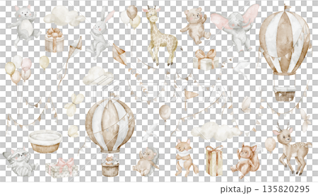 Flying animals watercolor clipart set with hot air balloons, bear, deer, rabbit, cat for Baby shower greeting cards or childish invitations. Illustrations with giraffe, elephant, raccoon for nursery. 135820295