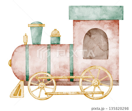 Watercolor train illustration in soft pastel vintage style. Art of carnival transport for baby shower invitations or childish greeting cards. Clipart for amusement park scenes and nostalgic projects. 135820298