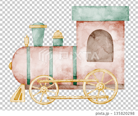 Watercolor train illustration in soft pastel vintage style. Art of carnival transport for baby shower invitations or childish greeting cards. Clipart for amusement park scenes and nostalgic projects. Watercolor train illustration in soft pastel vintage style. Art of carnival transport for baby shower invitations or childish greeting cards. Clipart for amusement park scenes and nostalgic projects. 135820298