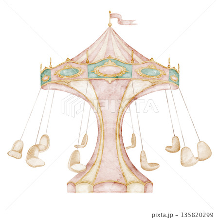 Swing carousel watercolor illustration with hanging chairs in pastel vintage style. Art of retro attraction for amusement park scenes, carnival graphics, children invitations and fairground theme. 135820299