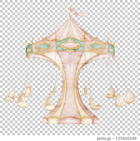 Swing carousel watercolor illustration with hanging chairs in pastel vintage style. Art of retro attraction for amusement park scenes, carnival graphics, children invitations and fairground theme. 135820299